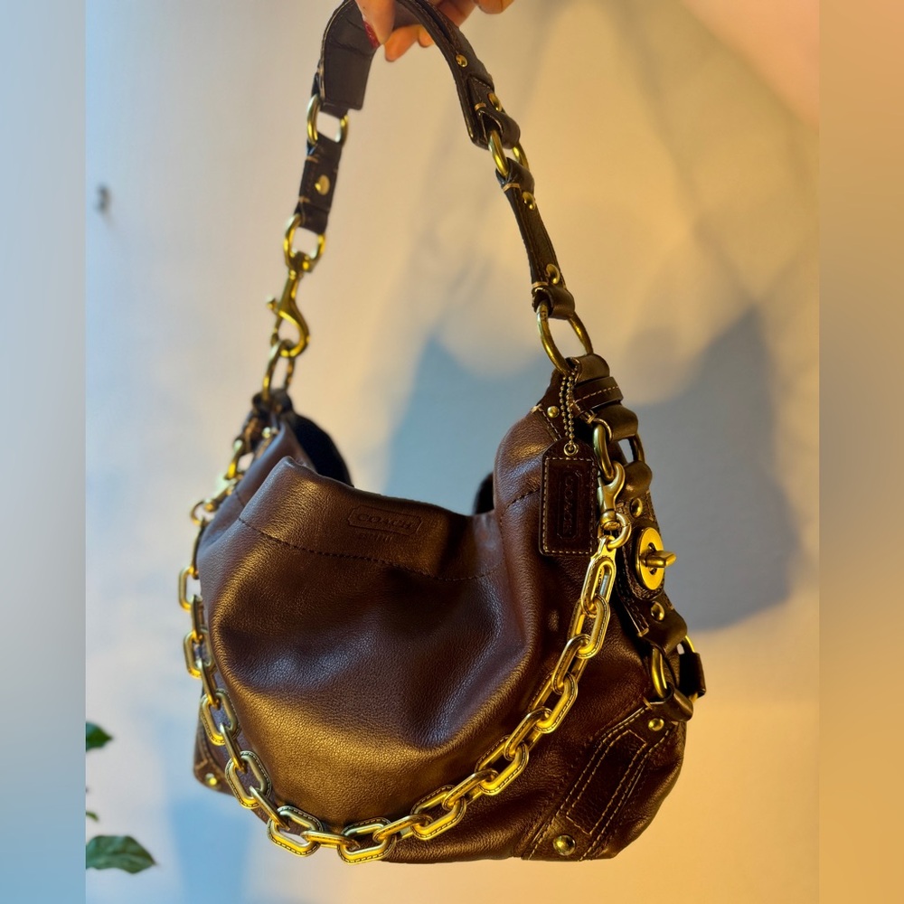 Rare Brown Coach Carly Leather Handbag with Handtag Gold Brass Hardware